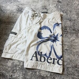 Abercrombie & Fitch Mens XL Board Shorts White Blue Hibiscus Floral Cargo Swim